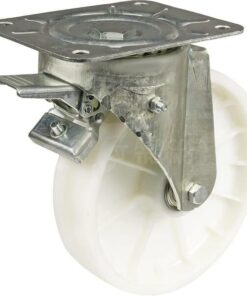 Rueda industrial giratoria en poliamida: Ø250 x 60 mm, placa soporte con freno: 200 x 160 mm. Capacidad: 400 kg, Ro-Carr