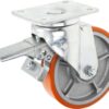 Rueda industrial giratoria en poliuretano: Ø175 x 40 mm, placa soporte con freno: 140 x 110 mm. Capacidad: 600 kg, Ro-Carr