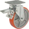Rueda industrial giratoria en poliuretano: Ø200 x 50 mm, placa soporte con freno: 140 x 110 mm. Capacidad: 830 kg, Ro-Carr