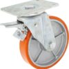 Rueda industrial giratoria en poliuretano: Ø250 x 50 mm, placa soporte con freno: 200 x 160 mm. Capacidad: 1200 kg, Ro-Carr