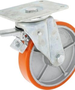 Rueda industrial giratoria en poliuretano: Ø250 x 50 mm, placa soporte con freno: 200 x 160 mm. Capacidad: 1200 kg, Ro-Carr