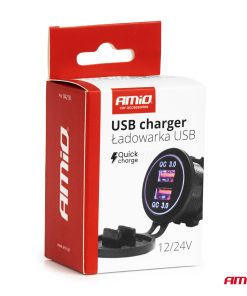 Cargador de teléfono resistente al agua con retroiluminación LED AZUL 2xUSB QC3.0 12/24V AMIO-04218