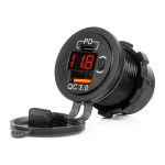 Cargador de teléfono impermeable con interruptor Indicador LED ROJO Voltímetro digital USB + USB C QC3.0 12/24V AMIO-042