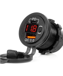 Cargador de teléfono impermeable con interruptor Indicador LED ROJO Voltímetro digital USB + USB C QC3.0 12/24V AMIO-042