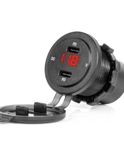 Cargador de teléfono impermeable con interruptor Indicador LED ROJO Voltímetro digital USB + USB C QC3.0 12/24V AMIO-042