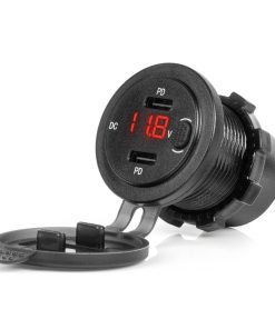 Cargador de teléfono resistente al agua con interruptor Indicador LED ROJO Voltímetro digital 2xUSB C 12/24V AMIO-04226
