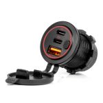 Cargador de teléfono resistente al agua con interruptor retroiluminación LED ROJA USB + 2xUSB C QC3.0 12/24V AMIO-04227