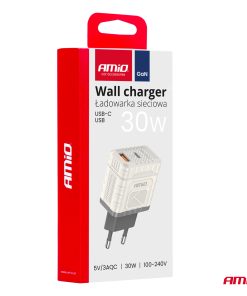 Cargador de pared Quick Charge GaN 30W USB-A + USB-C AMIO-04286