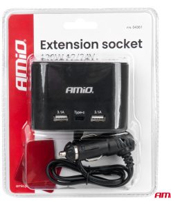 Toma de extensióni 2x USB-A 1x USB-C 12V 24V 120W 70cm AMIO-04361