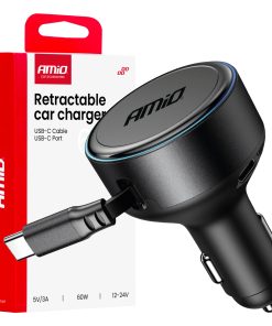 Cargador de coche retráctil cable C + puerto USB C 12/24V 60W AMIO-04368