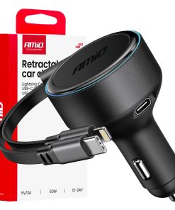 Cargador de coche retráctil cable C + cable lightning + puerto USB C 12/24V 60W AMIO-04370