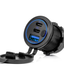 Cargador de teléfono resistente al agua con interruptor retroiluminación LED AZUL USB + 2xUSB C QC3.0 12/24V AMIO-04596