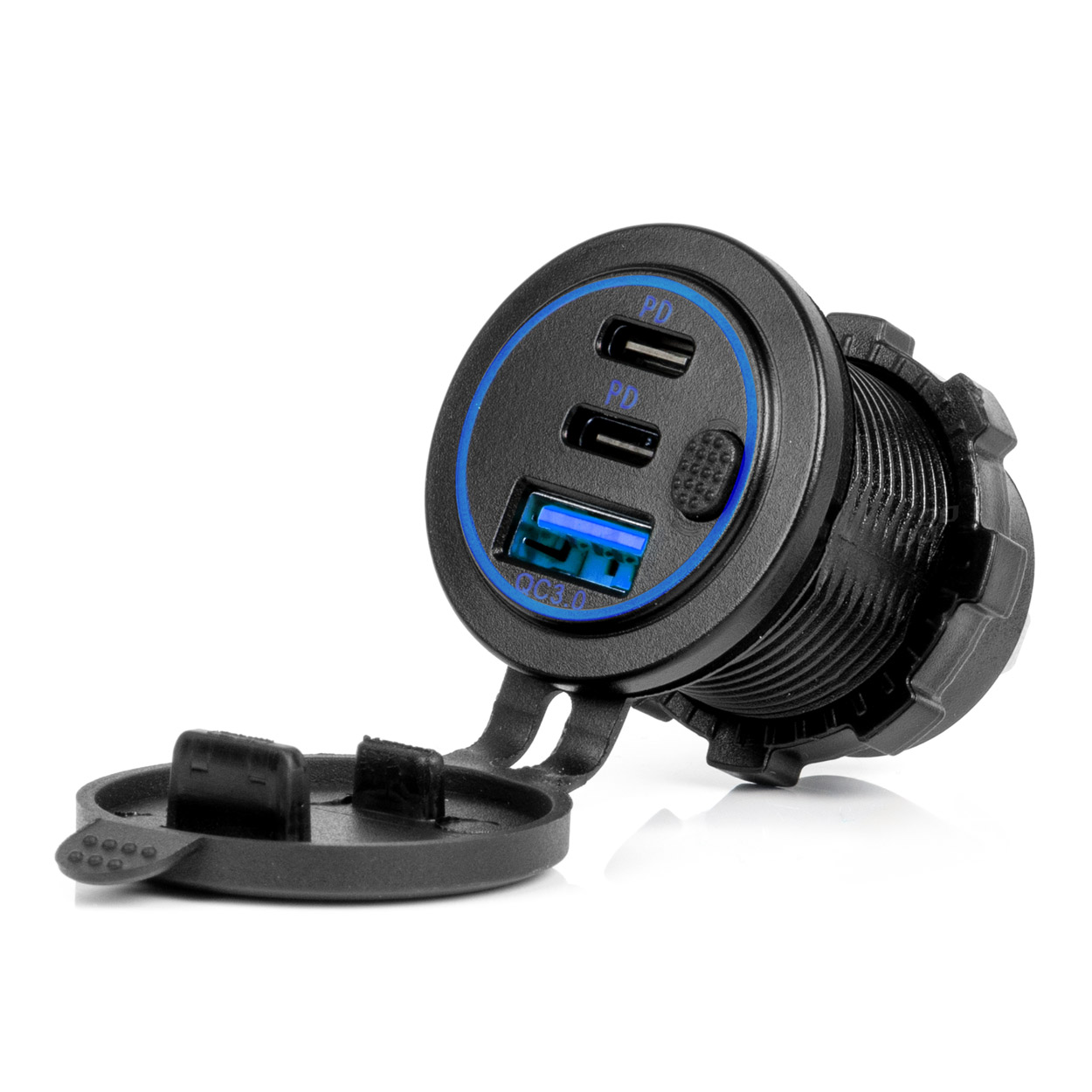 Cargador de teléfono resistente al agua con interruptor retroiluminación LED AZUL USB + 2xUSB C QC3.0 12/24V AMIO-04596 1 Cargador de teléfono resistente al agua con interruptor retroiluminación LED AZUL USB + 2xUSB C QC3.0 12/24V AMIO-04596