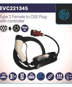 Cable de carga EV, tipo 2, enchufe CEE, 22 kW, 32 A, 5 m