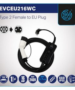 Cable de carga EV Home, tipo 2, enchufe UE, 3,7 kW, 8-16 A, 5 m