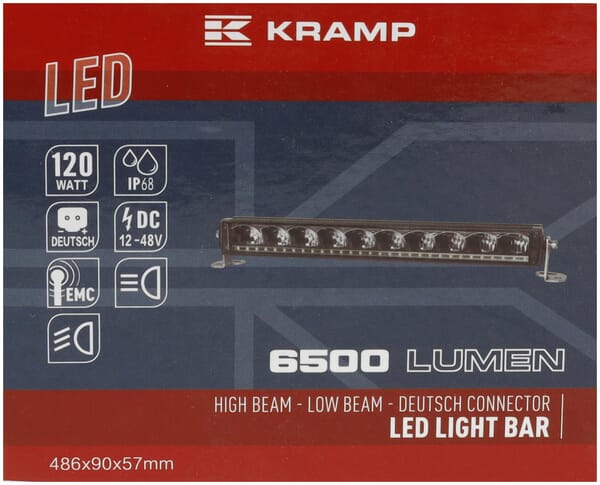 Barra luces LED, 120 W, 6500 lm, rectangular, 12/48V, blanca, 486 x 90 x 57 mm, conector Deutsch de 3 pines, luz diurna cortas/largas, Kramp 18 Barra luces LED, 120 W, 6500 lm, rectangular, 12/48V, blanca, 486 x 90 x 57 mm, conector Deutsch de 3 pines, luz diurna cortas/largas, Kramp - Imagen 18