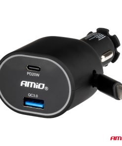 Alternative view of Cargador Rápido para Coche 3.0 con Cable Retráctil C 30W PD20W AMIO-04176