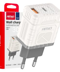 Cargador de pared Quick Charge GaN 30W USB-A + USB-C AMIO-04286
