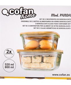 SET DE 2 RECIPIENTES DE BOROSILICATO CON TAPA DE BAMBÚ MODELO PANDA 520 ML - 800 ML