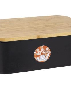 PANERA CON TAPA DE BAMBÚ COLOR NEGRO/MADERA 36 X 24 X13 CM