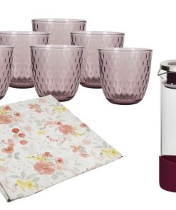 PACK DE JARRA MORADA,SET DE VASOS DE AGUA Y MANTEL 1.40 X 1.40 CM