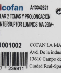 BASE BIPOLAR 2 TOMAS Y PROLONGACIÓN 1,5M CON INTERRUPTOR LUMINOS 16A250V