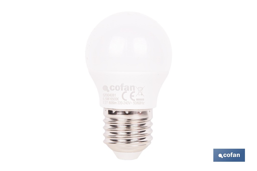 BOMBILLA LED ESFÉRICA E27 6.5 W 806 LM 6500 K 1 BOMBILLA LED ESFÉRICA E27 6.5 W 806 LM 6500 K