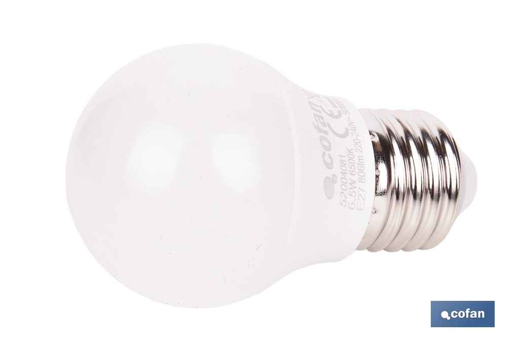 BOMBILLA LED ESFÉRICA E27 6.5 W 806 LM 6500 K 2 BOMBILLA LED ESFÉRICA E27 6.5 W 806 LM 6500 K - Imagen 2